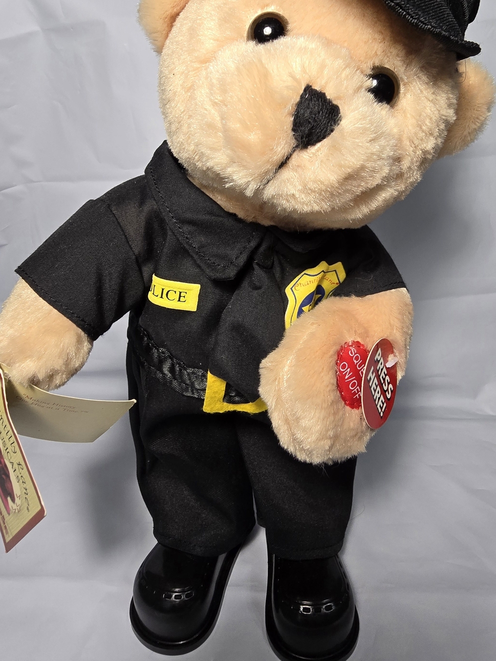 VintagePlush Police Officer Teddy Bear with Sound Button Black Uniform Beige Fur